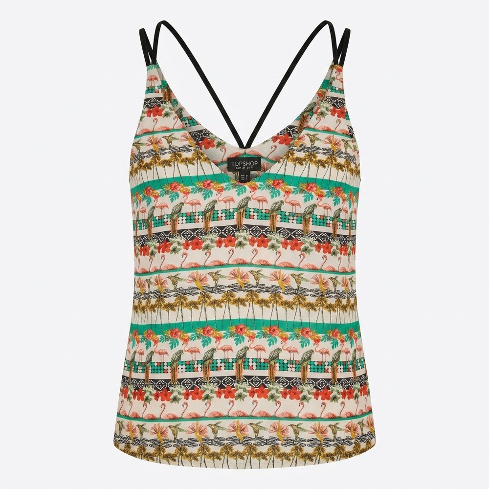 Topshop Tropical Flamingo Parrot‎ Print Camisole V-Neck Strappy Tank Top US 4